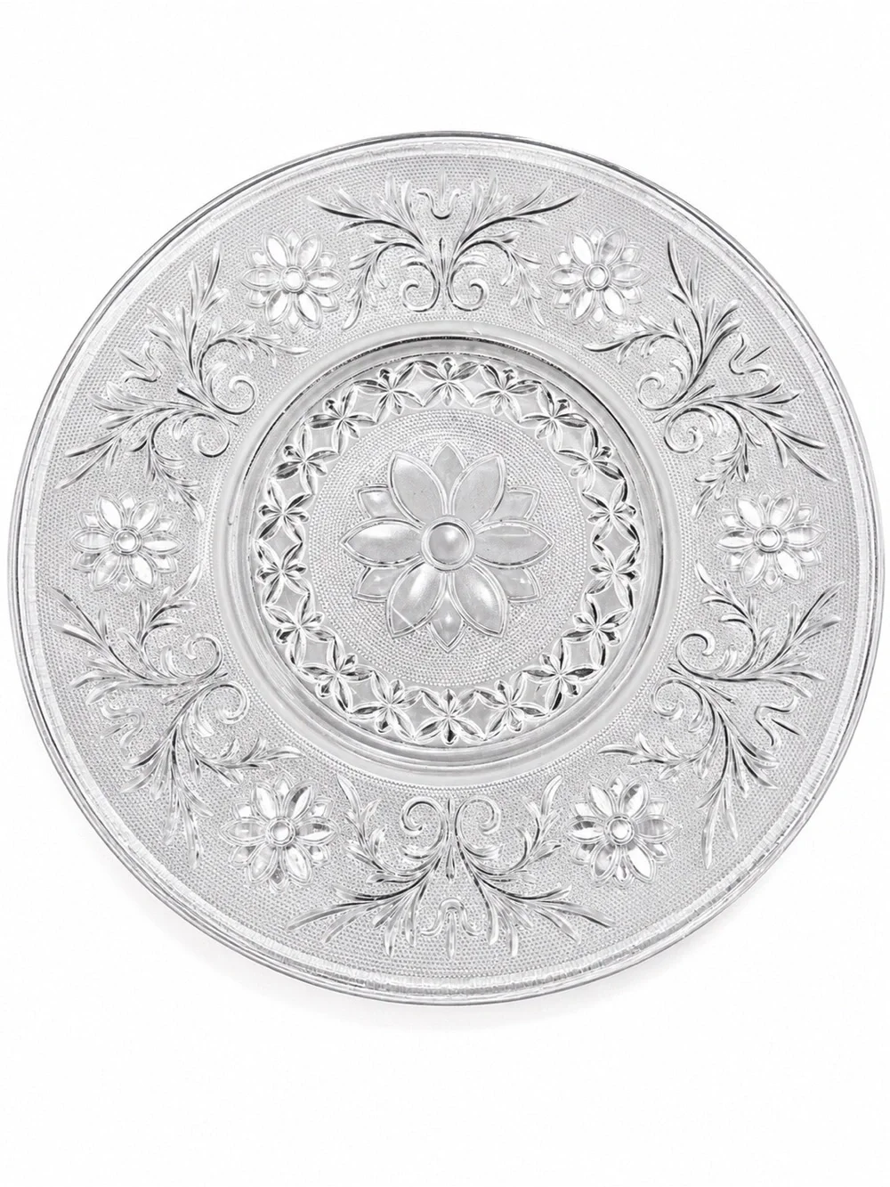Vintage Clear Pressed Glass Bowl & Underplate Floral Serving Set
